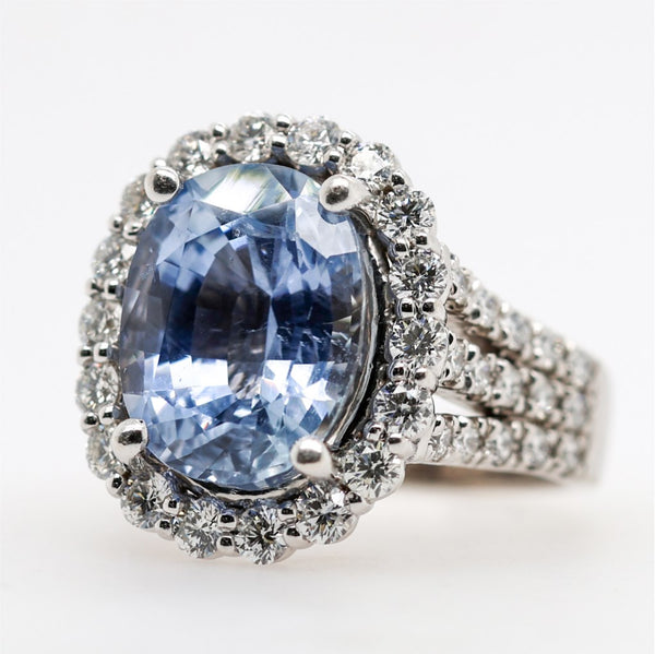 14Kt White Gold 9.52 Carat No Heat Ceylon Sapphire And Diamond Ring