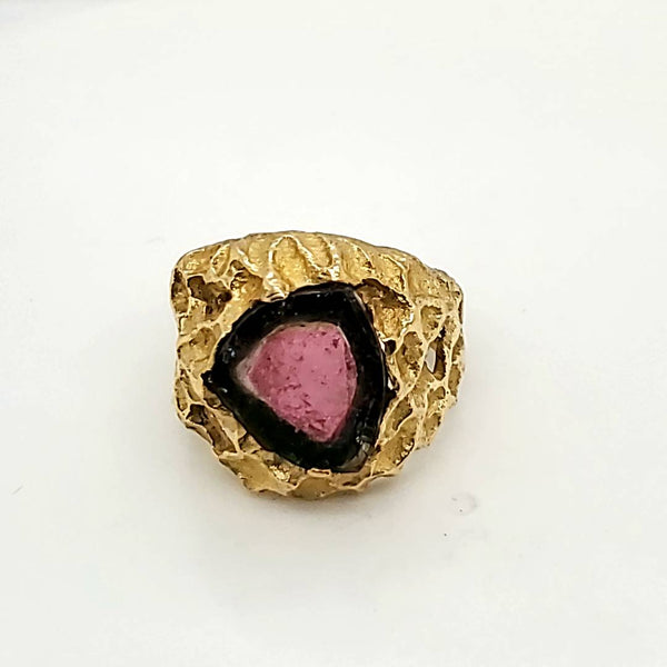 Vintage 18kt Yellow Gold Watermelon Tourmaline Dome Ring