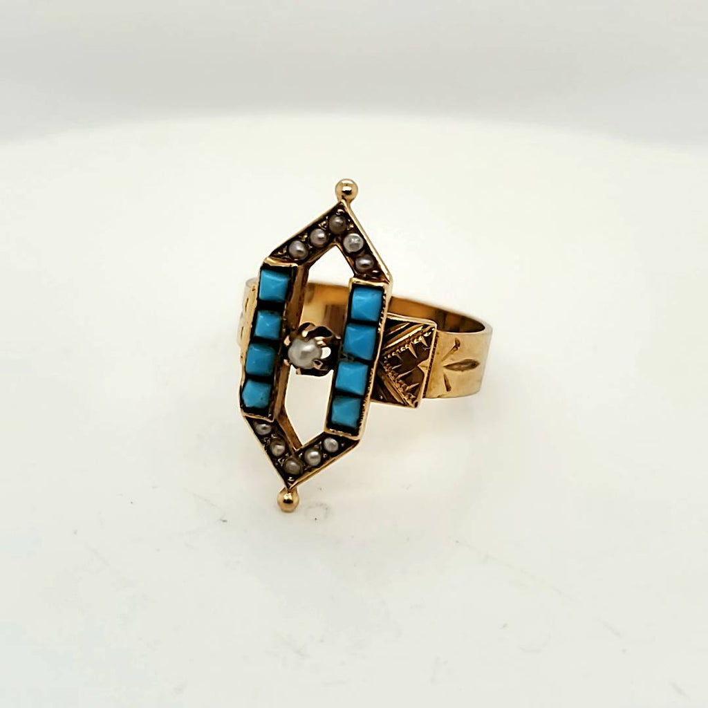 Antique Victorian 14Kt Yellow Gold Turquoise And Pearl Ring