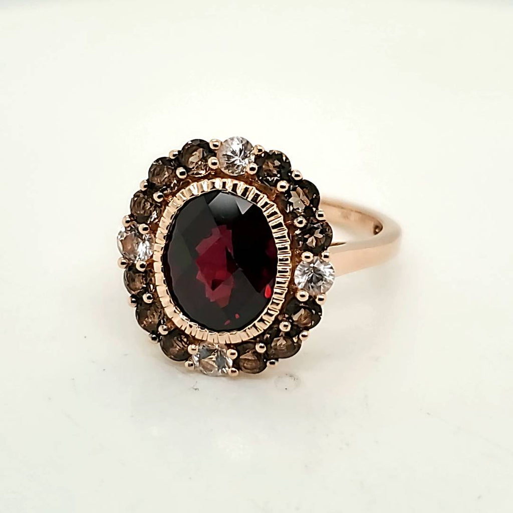 LeVian 14kt Rose Gold Garnet Smoky Topaz and White Sapphire Ring