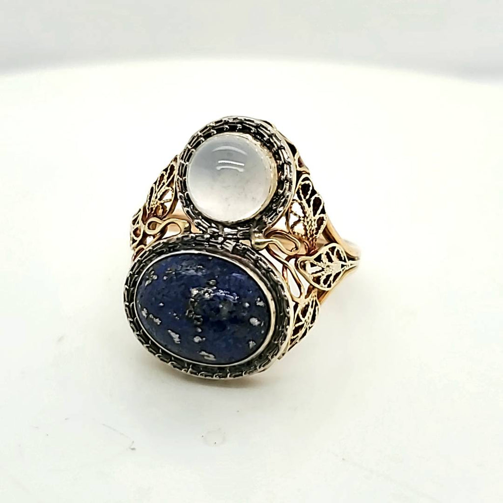 Vintage Filigree 14kt Yellow Gold Lapis and Moonstone Ring