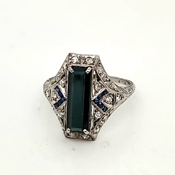 Art Deco Platinum Indicolite Tourmaline Sapphire and Diamond Ring