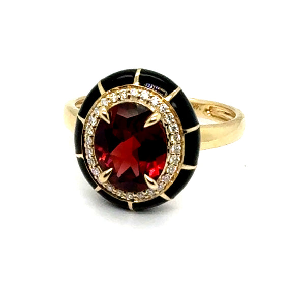 14kt Yellow Gold Garnet Diamond And Enamel Ring