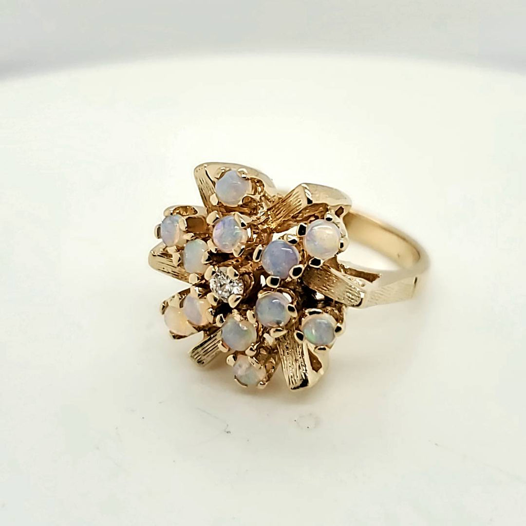 Vintage 14Kt Yellow Gold Opal And Diamond Ring