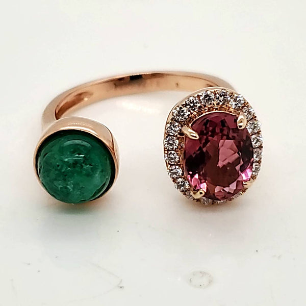 18Kt Rose Gold Pink Tourmaline Diamond and Emerald Toi et Moi Ring