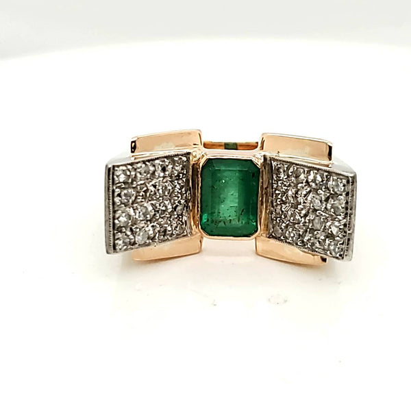 Vintage Brutalist Platinum and 18kt Yellow gold Emerald and Diamond Ring