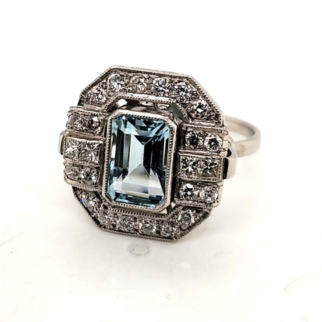 Platinum Aquamarine and Diamond Ring