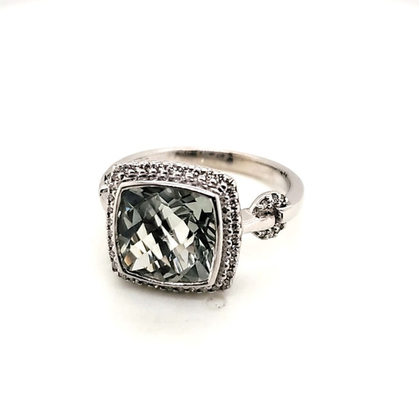 14kt White gold Green Amethyst and Diamond Ring