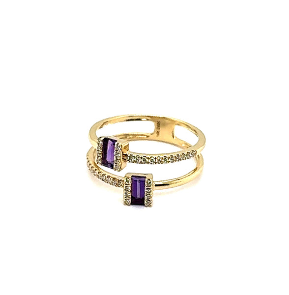 14kt Yellow Gold Amethyst And Diamond Double Band Ring