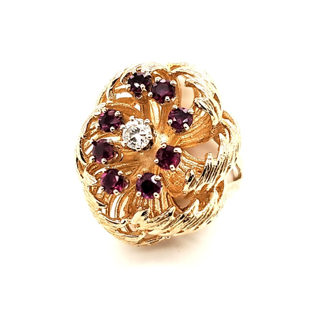 Vintage 14Kt Yellow Gold Ruby And Diamond Ring