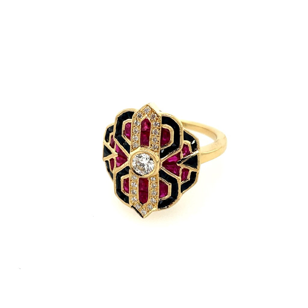 18kt Yellow Gold Diamond Onyx And Ruby Ring