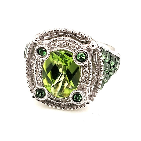 14kt White Gold Tsavorite Garnet Peridot and Diamond Ring