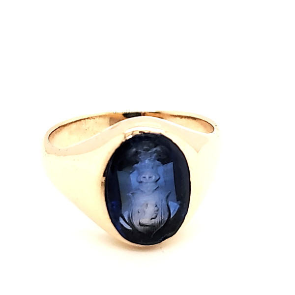 Vintage 14Kt Yellow Gold Carved Synthetic Sapphire Crest Ring