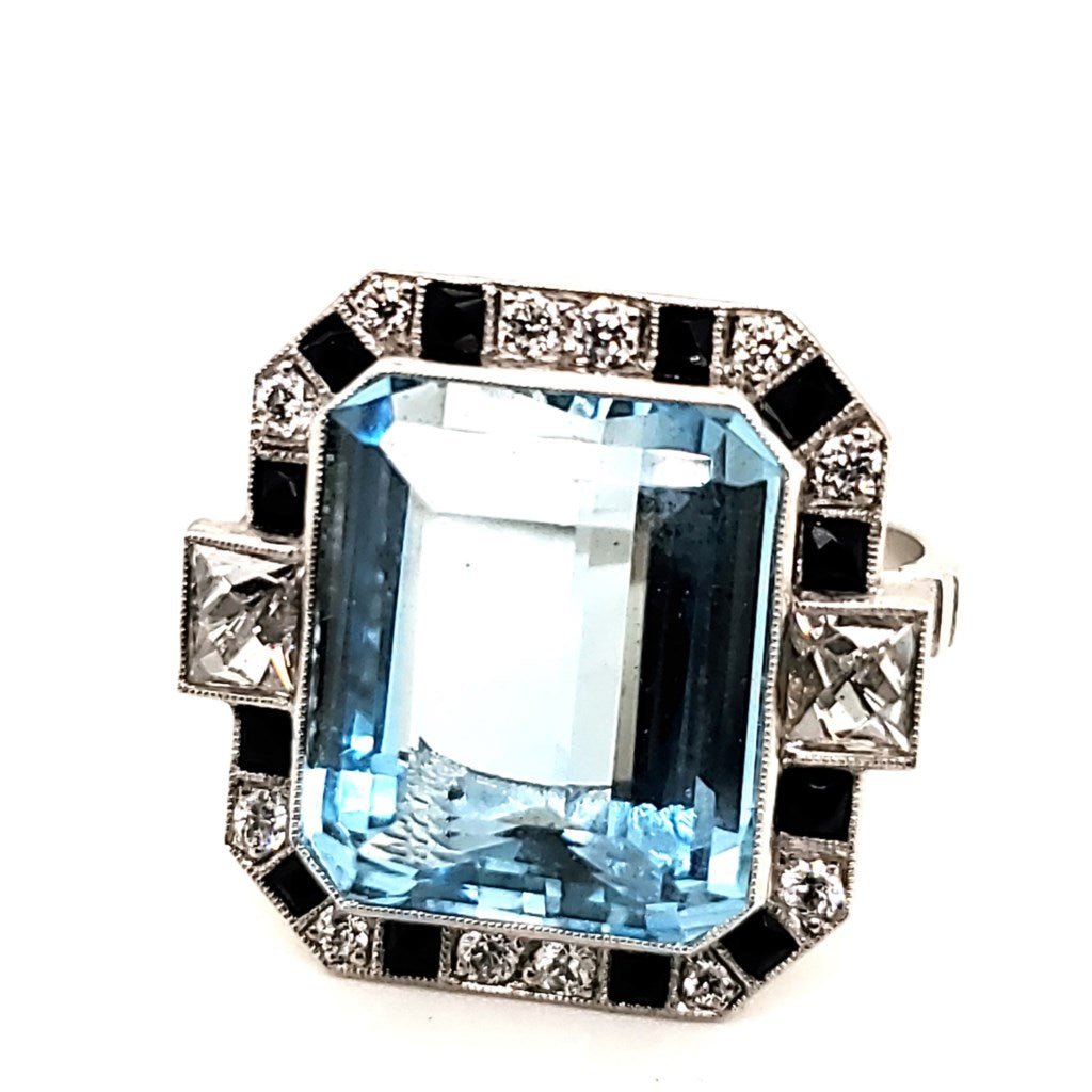 Art Deco Inspired Platinum Aquamarine Onyx and Diamond Ring