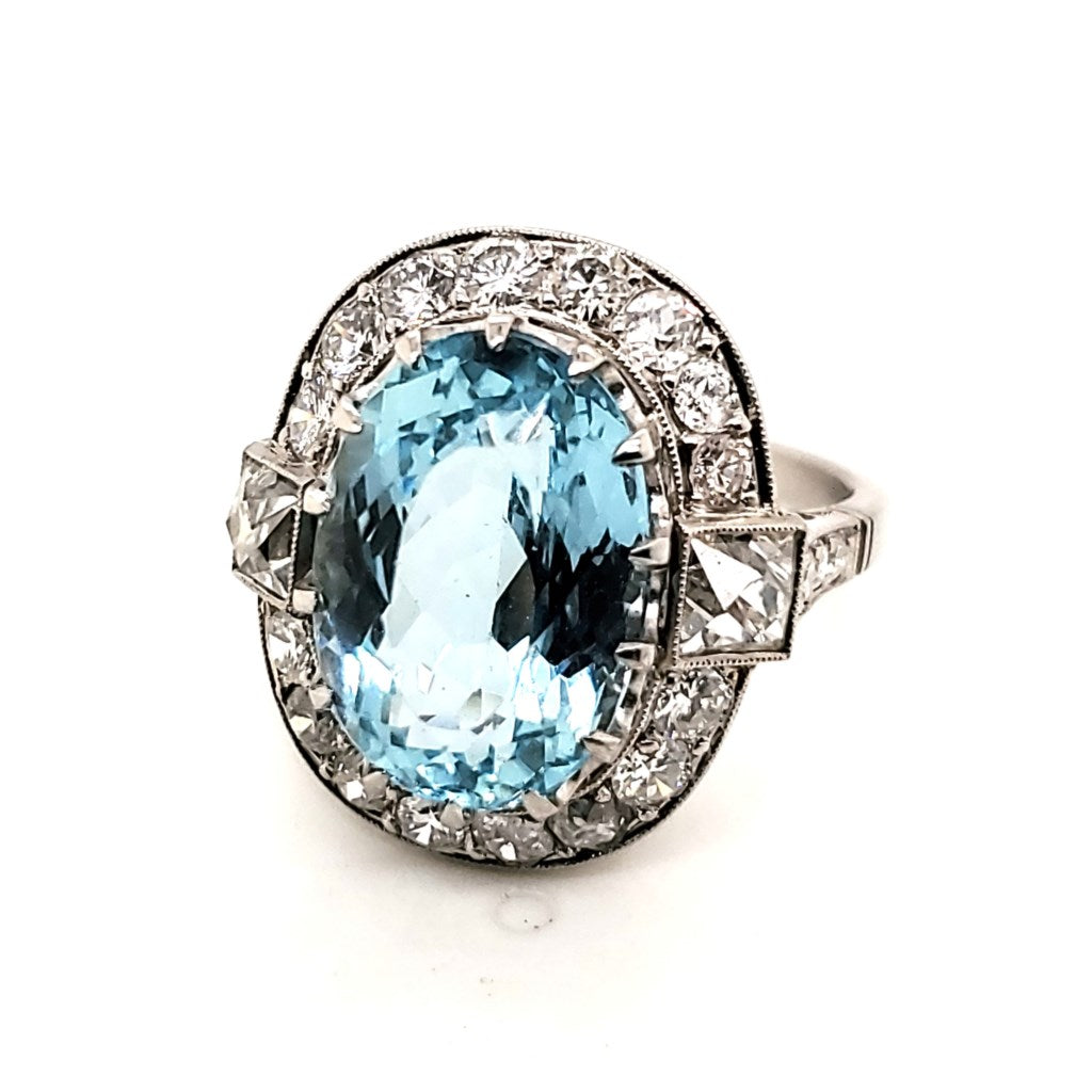 Art Deco Inspired Platinum Aquamarine and Diamond Ring