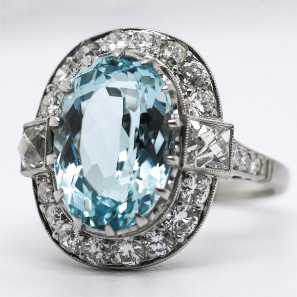 Art Deco Inspired Platinum Aquamarine and Diamond Ring