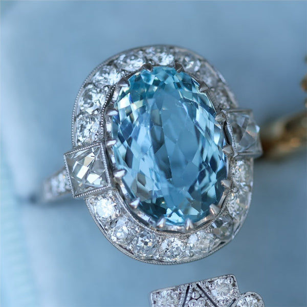 Art Deco Inspired Platinum Aquamarine and Diamond Ring