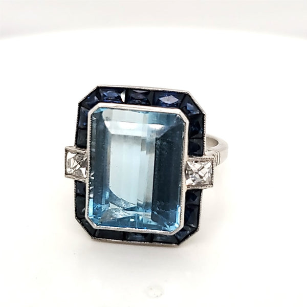 Art Deco Inspired Platinum Aquamarine Sapphire and Diamond Ring