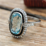 Art Deco Inspired Platinum Aquamarine Onyx and Diamond Ring