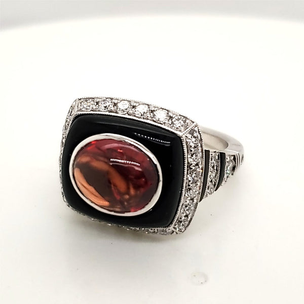 Art Deco Inspired Platinum Orange Sapphire Onyx and Diamond Ring