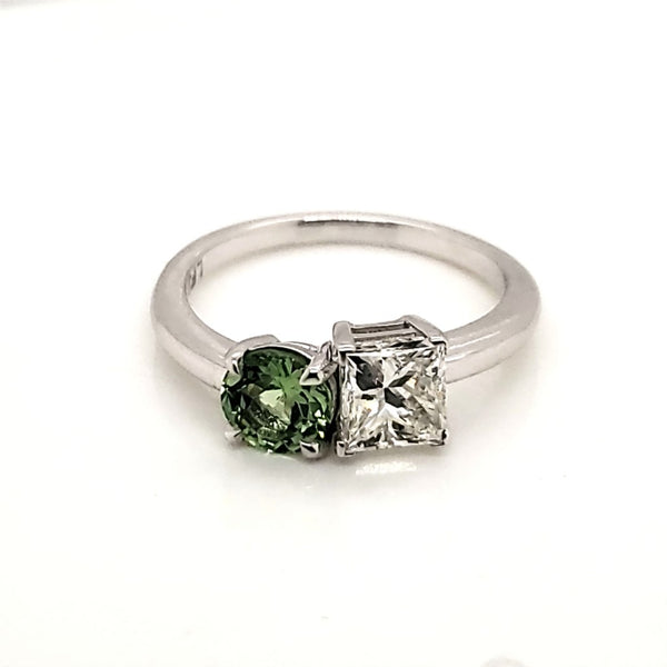 Platinum Diamond and Tsavorite Garnet Toi et Moi Ring