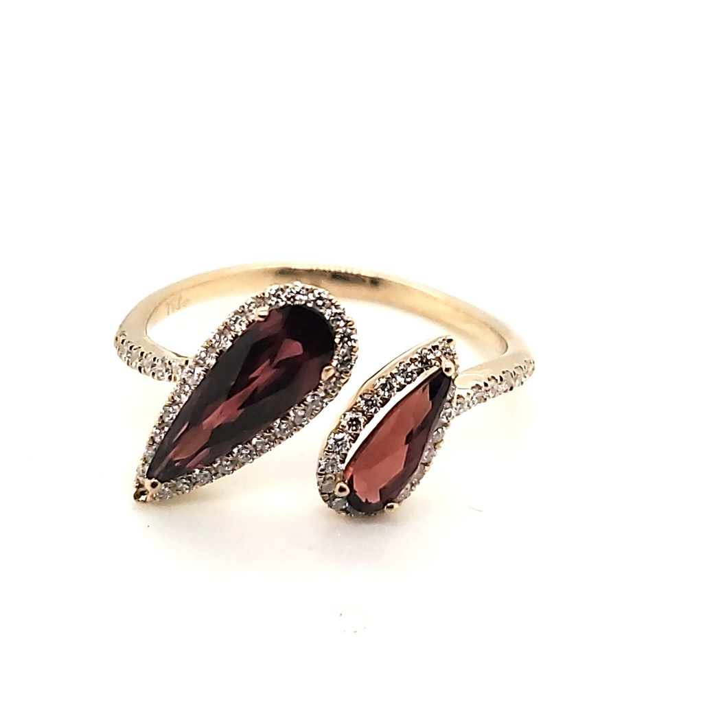 14Kt Yellow Gold Toi Et Moi Bypass Garnet And Diamond Ring