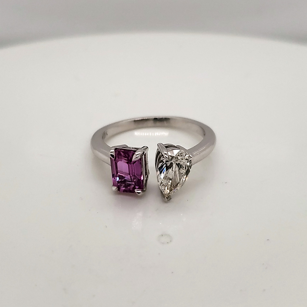 18kt White Gold Diamond and Pink Sapphire Toi et Moi Ring
