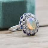 18kt White Gold Opal, Diamond, And Sapphire Ring