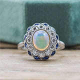 18kt White Gold Opal, Diamond, And Sapphire Ring