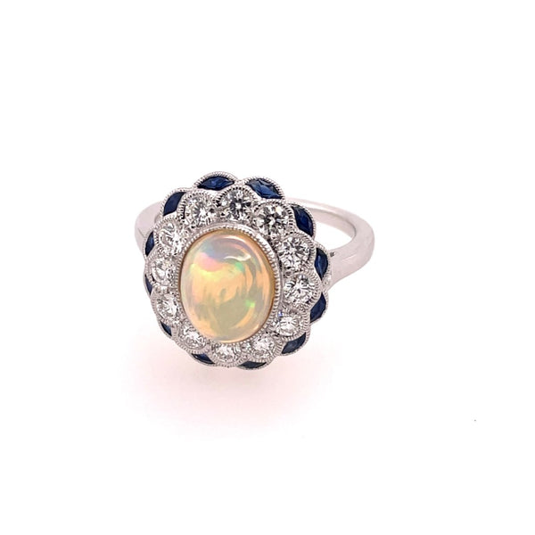 18kt White Gold Opal, Diamond, And Sapphire Ring