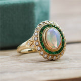 14kt Yellow Gold Opal, Tsavorite Garnet, And Diamond Ring