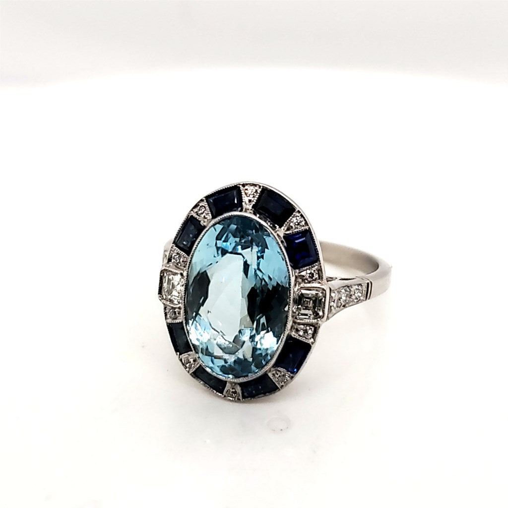 Art Deco Inspired Platinum Aquamarine Sapphire and Diamond Ring