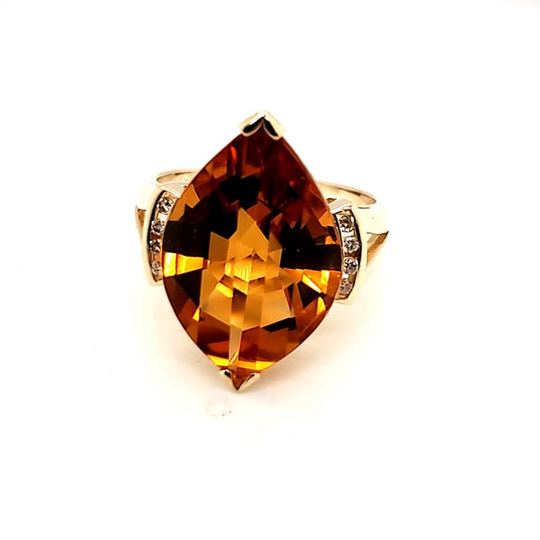 14Kt Fantasy Cut Citrine Accented By Eight Round Diamonds