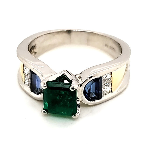 Platinum and 18Kt Yellow Gold Emerald Sapphire And Diamond Ring