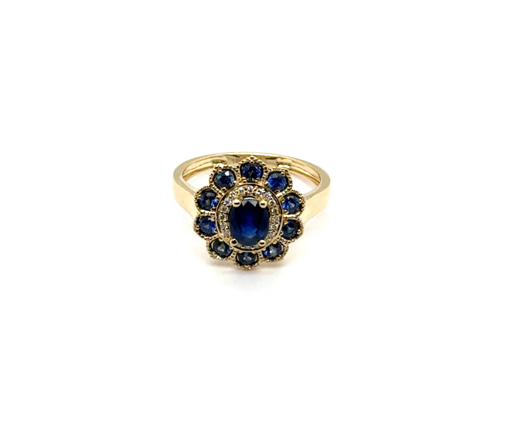 14kt Yellow Gold 1.46Ctw Sapphire And Diamond Summer Flower Ring