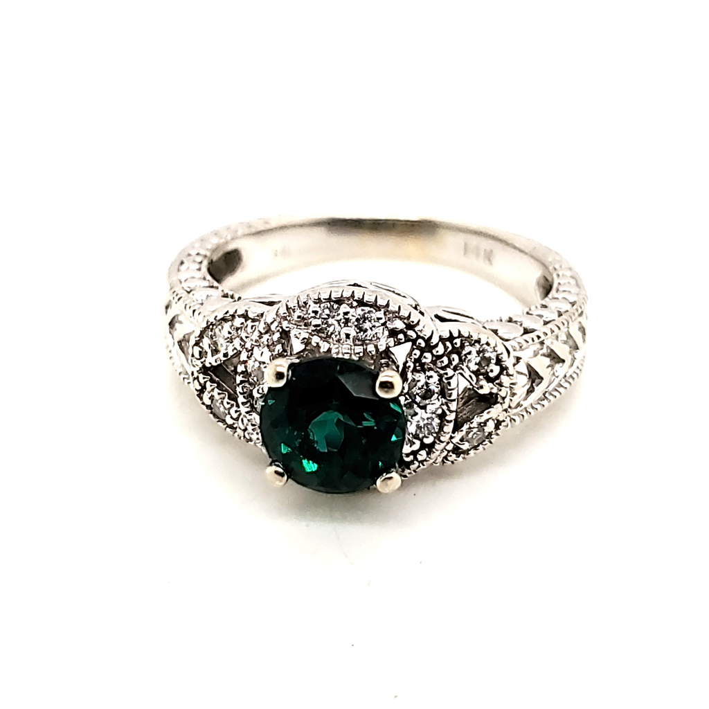 14Kt White Gold Chatham Emerald & Diamond Ring