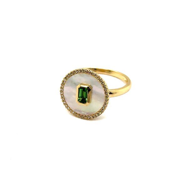 14Kt Yellow Gold Mother Of Pearl, Tsavorite Garnet, And Diamond Ring