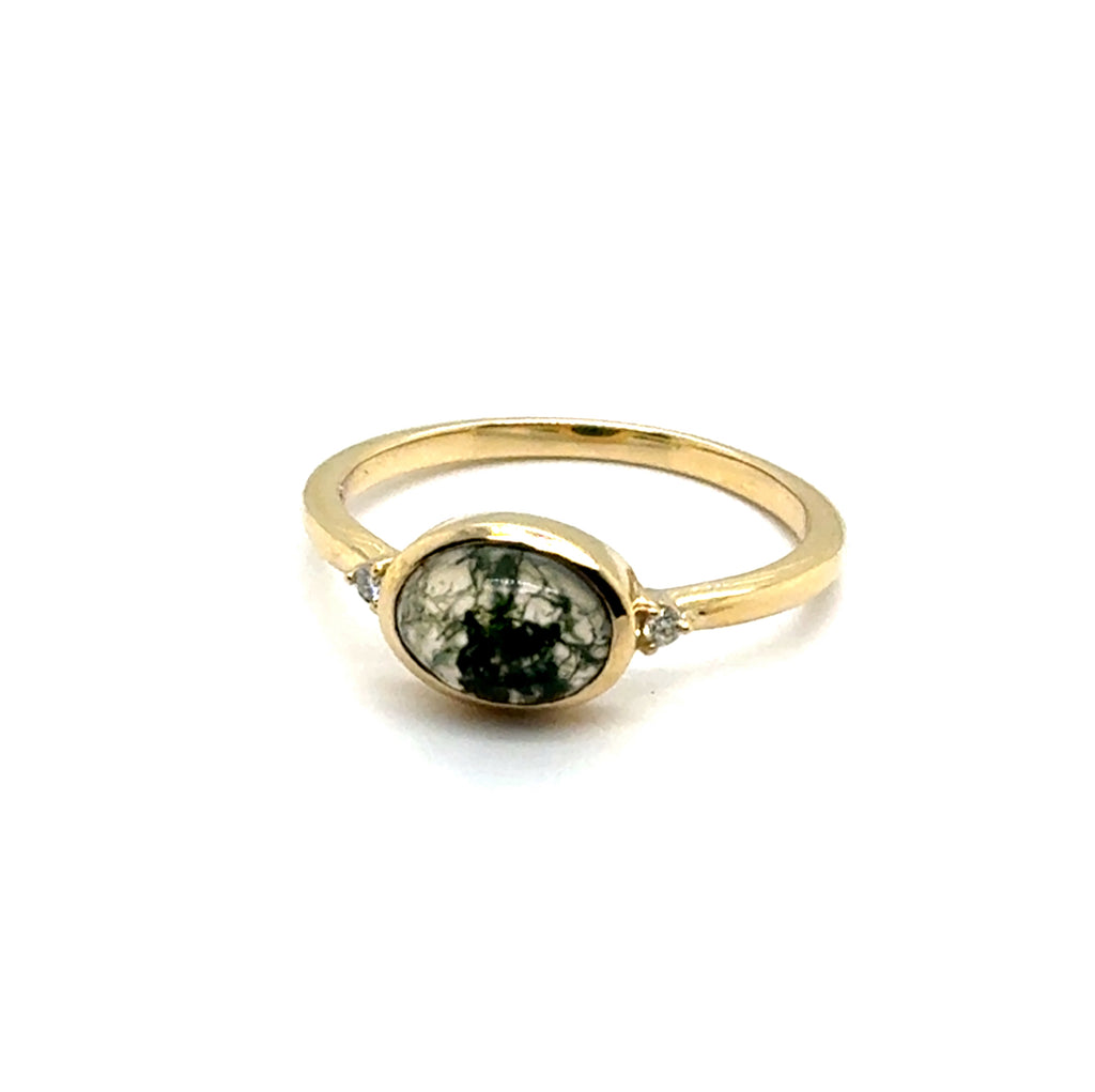 14kt Yellow Gold 8x6mm Moss Agate And Diamond Ring