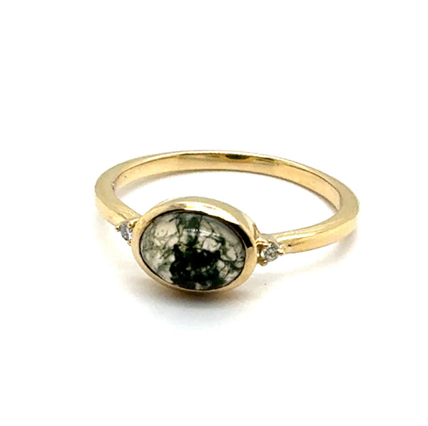 14kt Yellow Gold 8x6mm Moss Agate And Diamond Ring