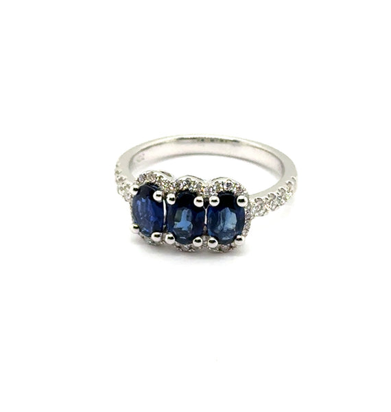 18kt White Gold 1.93Ctw Three Oval Sapphire And Diamond Ring