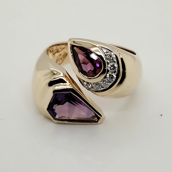 14kt Yellow Gold Amethyst Diamond and Pink Tourmaline Ring