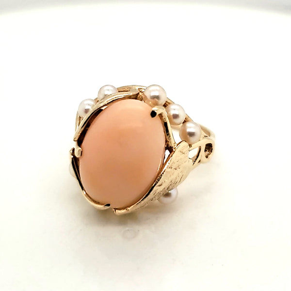 Vintage 14Kt Yellow Gold Angel Skin Coral and Seed Pearl Ring