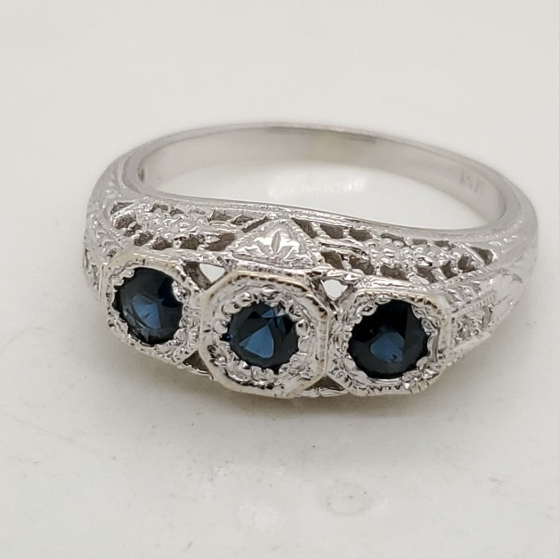 14kt White Gold Sapphire and Diamond Filigree Ring