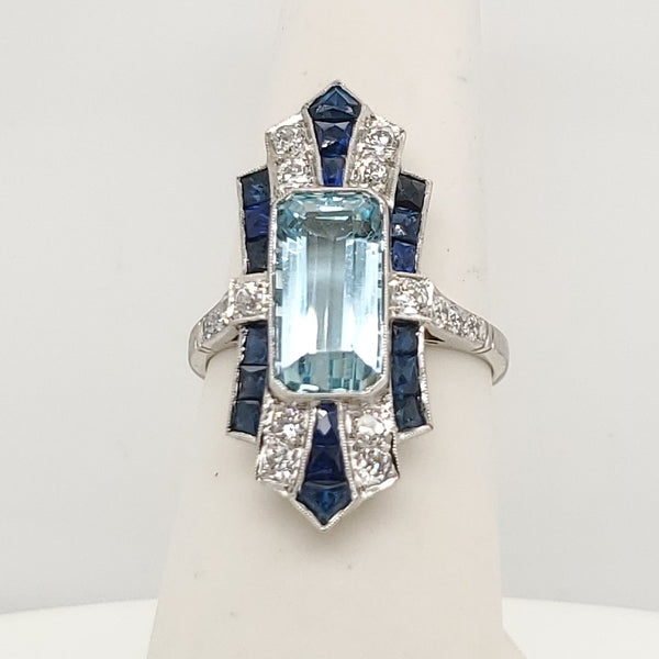 Art Deco Inspired Platinum Aquamarine Sapphire and Diamond Ring