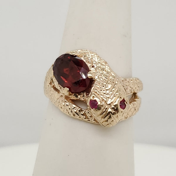 Vintage 14kt Yellow Gold and Garnet Snake Ring With Ruby Eyes