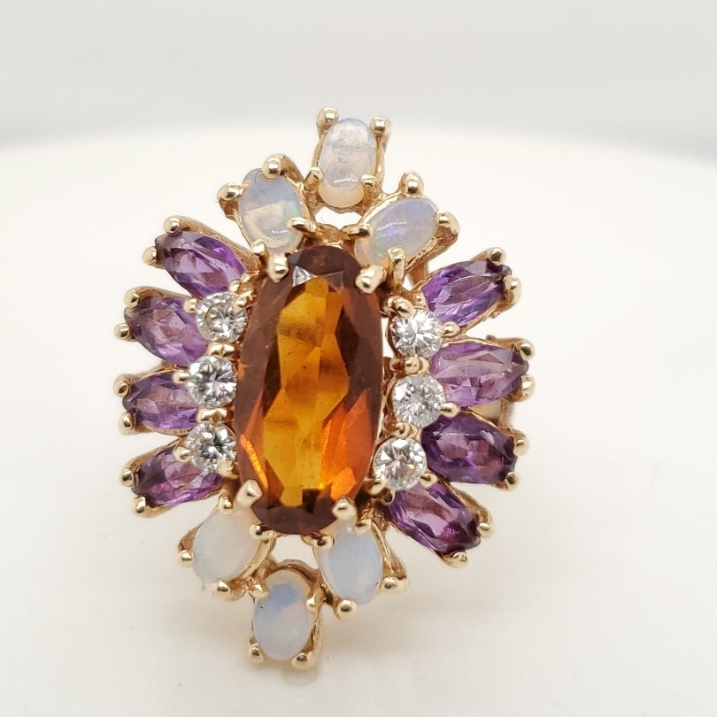 14kt Yellow Gold Citrine Opal Amethyst and Diamond Ring