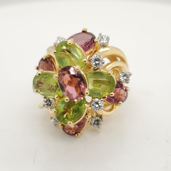 Vintage 18Kt Yellow Gold Pink Tourmaline And Peridot Ring