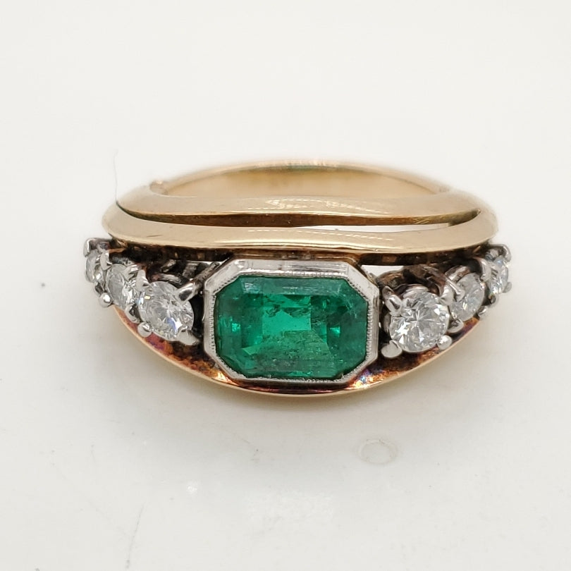 Vintage 18kt Yellow Gold Emerald & Diamonds Ring