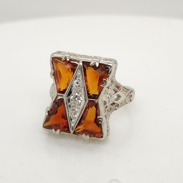 14kt White Gold Diamond and Garnet Art Deco Filigree Ring