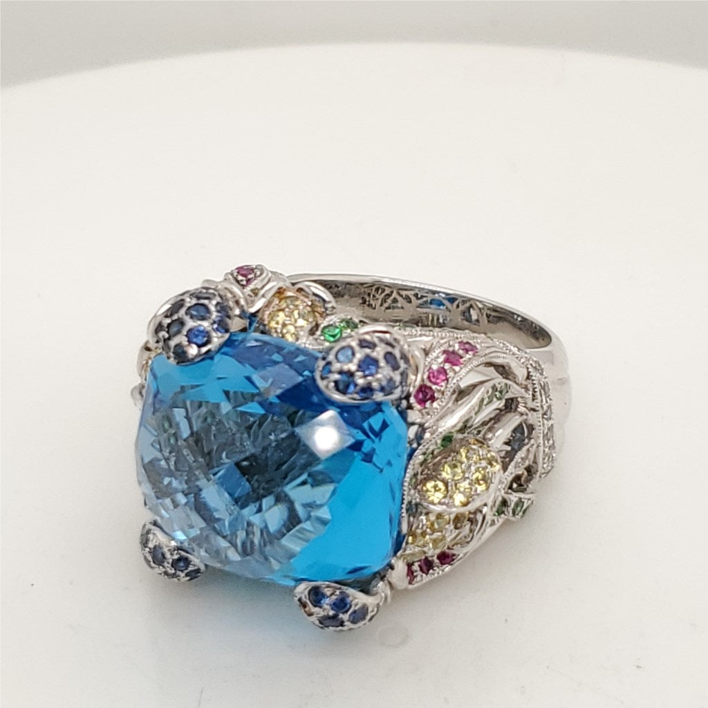 14kt White Gold Blue Topaz Multi Color Sapphire and Diamond Ring